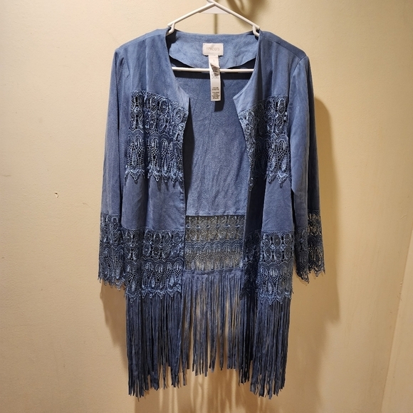 Chico's blue faux suede lace fringe open front cardigan Chico's size 1 - Picture 7 of 14
